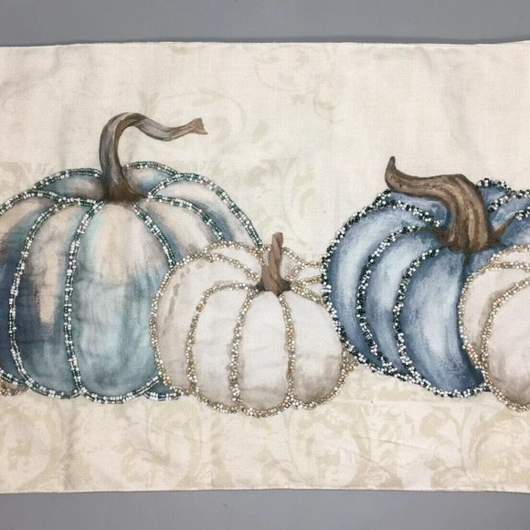 Nicole Miller Beaded Pumpkin Table Runner Blue Cream Thanksgiving Decor 14x72 - Picture 8 of 11
